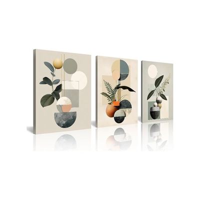 Modern Minimalism Wall Decor Set Of 3 Wall Art Mid-Century Framed Botanical Plant Geometric Canvas Art Abstract Minimalist Art Prints For Living Room Bedroom Kitchen Office Home Decor