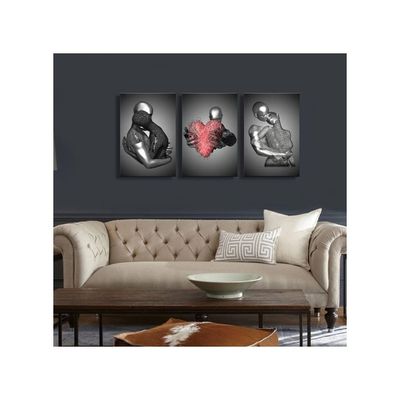 Ncyel Framed 3 Pcs Love Heart 3D Wall Art Metal Sculpture Romantic Couple Hug Abstract Art Prints Posters Decor Grey Black And White Canvas Prints For Bedroom Living Room Bathroom Hotel Valentine'S Day