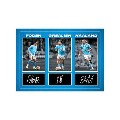 Phil Foden, Jack Grealish & Erling Haaland - Manchester City Signed A4 Montage Photo Print With Pre Printed Signature Autograph Football Gift