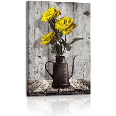 Rose Canvas Wall Art: Vintage Yellow Flower In Vase Framed Bedroom Decor - Black White Picture Home Decoration Artwork For Living Room Kitchen 12" X 15"