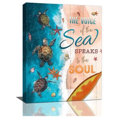 Sea Turtle Wall Art Nautical Bathroom Decor Beach Pictures Painting Ocean Starfish Seashell Artwork Blue Canvas Home Decor Framed For Bathroom Bedroom Living Room 12"X16"