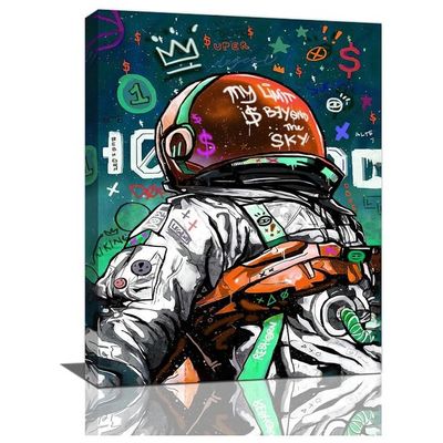 Space Wall Art Banksy Astronaut Pictures Wall Decor Street Painting Art Funny Pop Prints Abstract Colorful Spaceman Framed Artwork For Bedroom Living Room Office Ready To Hang 12"X16"