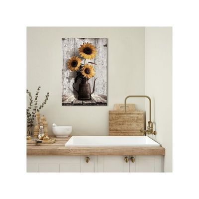 Sunflower Canvas Wall Art: Rustic Brown Pot Wall Decoration - Vintage Flower Framed Poster Artwork Decor For Home Office Living Room Bedroom 16" X 24"