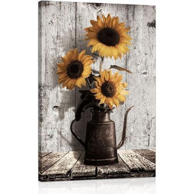 Sunflower Canvas Wall Art: Rustic Brown Pot Wall Decoration - Vintage Flower Framed Poster Artwork Decor For Home Office Living Room Bedroom 16" X 24"