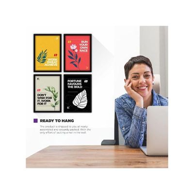 Synthetic Motivational Frames Modern Wall Art With Glass For Office And Living Room - Set Of 4, Multicolour