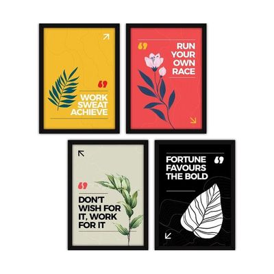 Synthetic Motivational Frames Modern Wall Art With Glass For Office And Living Room - Set Of 4, Multicolour