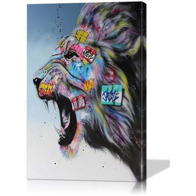 Wall Art Colorful Animals Canvas Classic Street Poster Lion Pop For Bedroom Living Room Decor Ready To Hang (16''Hx24''W)