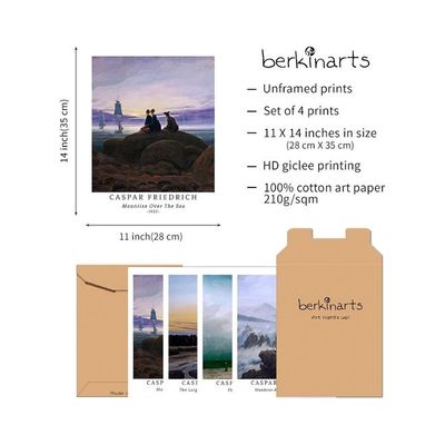 Wall Art Unframed Prints  Art Paper Set Of 4, 11X14 Inch Classic Landscape Artwork, Office Decoration Elegant Illustrations Mountain Natural Cloud Caspar Friedrich Painting