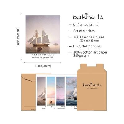 Wall Art Unframed Prints  Art Paper Set Of 4, 8X10 Inch Classical Landscape Artwork, Bedroom Decoration Boat Illustrations Sunset Scenery Seascape Frameless Fitz Henry Lane Poster