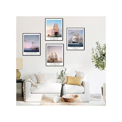 Wall Art Unframed Prints  Art Paper Set Of 4, 8X10 Inch Classical Landscape Artwork, Bedroom Decoration Boat Illustrations Sunset Scenery Seascape Frameless Fitz Henry Lane Poster