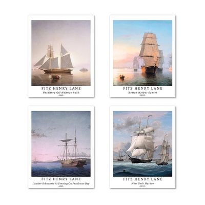 Wall Art Unframed Prints  Art Paper Set Of 4, 8X10 Inch Classical Landscape Artwork, Bedroom Decoration Boat Illustrations Sunset Scenery Seascape Frameless Fitz Henry Lane Poster