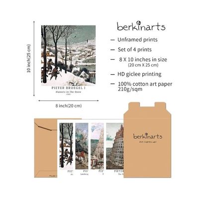 Wall Art Unframed Prints  Art Paper Set Of 4, 8X10 Inch Classical Landscape Artwork, Modern Decoration Elegant Scenery Cityscape Hills Birthday Gift Pieter Bruegel The Elder Painting