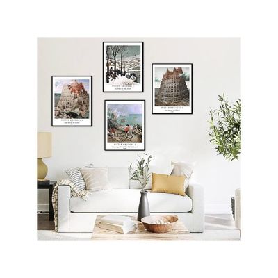 Wall Art Unframed Prints  Art Paper Set Of 4, 8X10 Inch Classical Landscape Artwork, Modern Decoration Elegant Scenery Cityscape Hills Birthday Gift Pieter Bruegel The Elder Painting