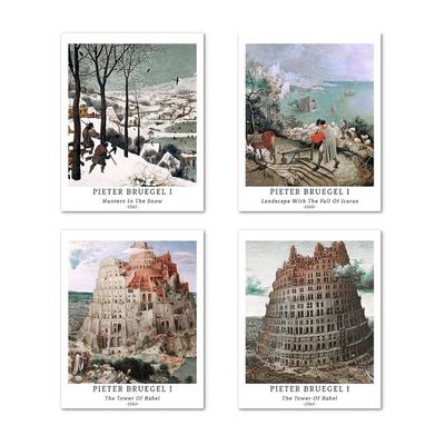 Wall Art Unframed Prints  Art Paper Set Of 4, 8X10 Inch Classical Landscape Artwork, Modern Decoration Elegant Scenery Cityscape Hills Birthday Gift Pieter Bruegel The Elder Painting
