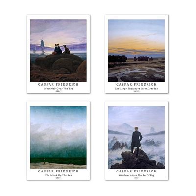 Wall Art Unframed Prints  Art Paper Set Of 4, 8X10 Inch Classical Landscape Artwork, Office Decoration Elegant Illustrations Mountain Natural Cloud Caspar Friedrich Painting