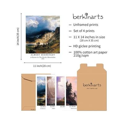 Wall Unframed Prints  Paper Set Of 4, 11X14 Inch Classic Landscape Work, Home Decoration Vintage Elegant Botanical Mountain Aesthetic Multicolor Natural Albert Bierstadt Poster