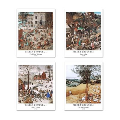 Wall Unframed Prints  Paper Set Of 4, 11X14 Inch Classical Landscape Work, College Decoration Seasons Beautiful Scenery Cityscape Watercolor Pieter Bruegel The Elder Poster