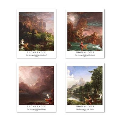 Wall Unframed Prints  Paper Set Of 4, 8X10 Inch Classic Landscape Work, Indoor Decoration Beautiful Vintage Brown Botanical Multicolor Colorful Famous Painting Thomas Cole Poster
