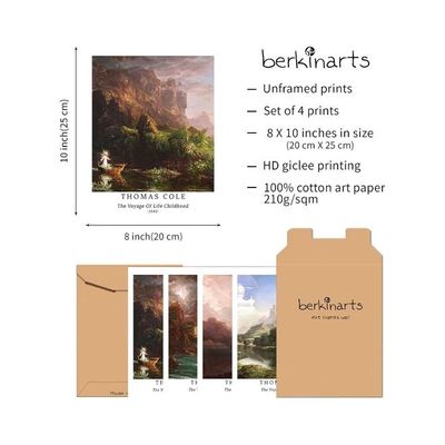 Wall Unframed Prints  Paper Set Of 4, 8X10 Inch Classic Landscape Work, Indoor Decoration Beautiful Vintage Brown Botanical Multicolor Colorful Famous Painting Thomas Cole Poster