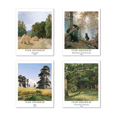 Wall Unframed Prints  Paper Set Of 4, 8X10 Inch Classic Landscape Work, Kitchen Decoration Aesthetic Botanical Spring Hills Field Forest Rural Frameless Ivan Shishkin Print