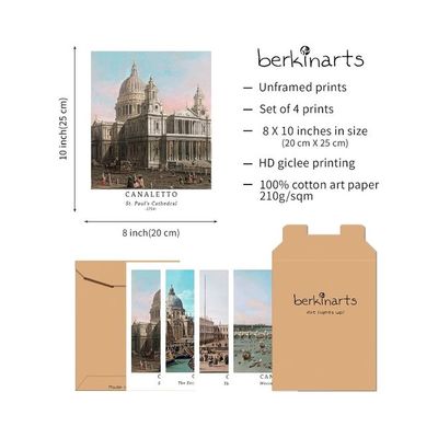 Wall Unframed Prints  Paper Set Of 4, 8X10 Inch Classic Landscape Work, Livingroom Decoration Seasons Spring Aesthetic Illustrations Famous Painting Canaletto Print