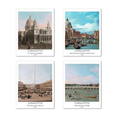 Wall Unframed Prints  Paper Set Of 4, 8X10 Inch Classic Landscape Work, Livingroom Decoration Seasons Spring Aesthetic Illustrations Famous Painting Canaletto Print