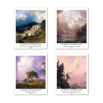 Wall Unframed Prints  Paper Set Of 4, 8X10 Inch Classical Landscape Work, Home Decoration Vintage Elegant Botanical Mountain Aesthetic Multicolor Natural Albert Bierstadt Poster
