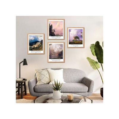 Wall Unframed Prints  Paper Set Of 4, 8X10 Inch Classical Landscape Work, Home Decoration Vintage Elegant Botanical Mountain Aesthetic Multicolor Natural Albert Bierstadt Poster