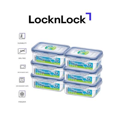 LocknLock Food Container Rectangle 350ml – Pack of 6 | Airtight, BPA-Free, Eco-Friendly & Microwave Safe