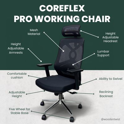 CoreFlex Pro Ergonomic Mesh Office Chair with Lumbar Support, 360° Swivel, Reclining High Back (Black)