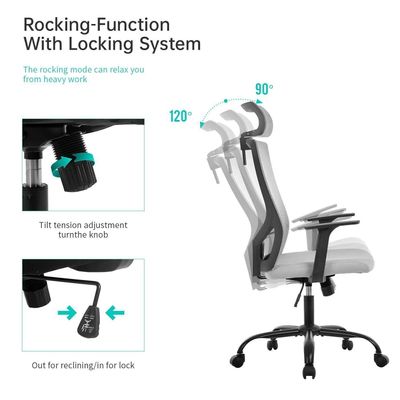 Office Desk Chair Adjustable Height Nylon 360° Swivel Mesh Backrest Firm Armrest and Head Pillow for Ultimate Comfort and Style (Grey)