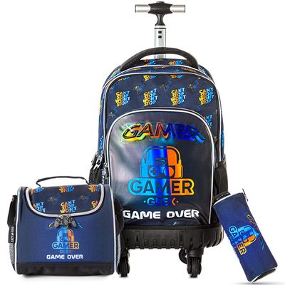 Eazy Kids 18" 4-Wheel Trolley School Set w/ Lunch Bag and Pencil case â€“ Gamer Edition