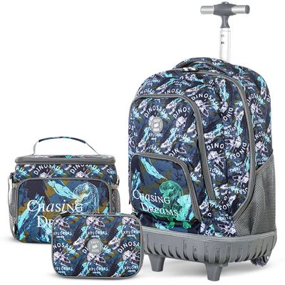 Eazy Kids 18" Set of 3 Trolley Backpack w/ Lunch Bag and Pencil Case-T Rex