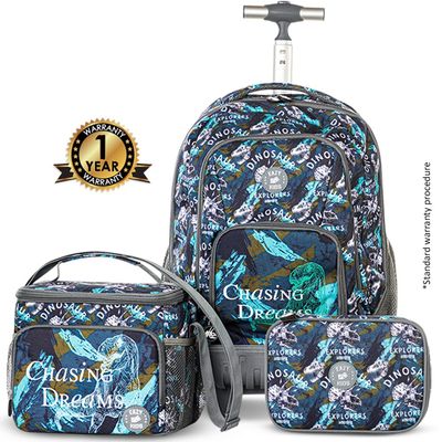 Eazy Kids 18" Set of 3 Trolley Backpack w/ Lunch Bag and Pencil Case-T Rex