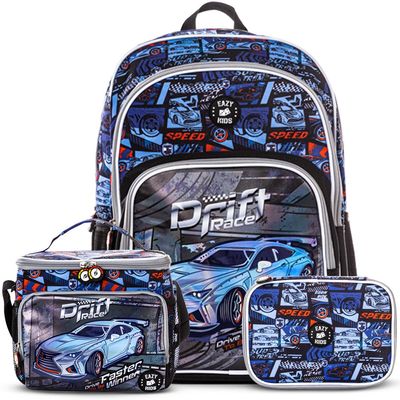 Eazy Kids 18" Set of 3 Backpack w/ Lunch Bag and Pencil Case - Car Racing