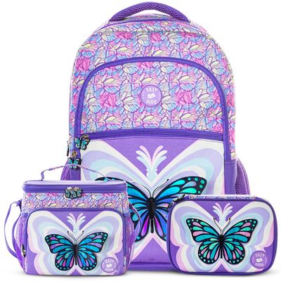 Eazy Kids 18" Set of 3 Backpack w/ Lunch Bag and Pencil Case - 3D Butterfly Purple
