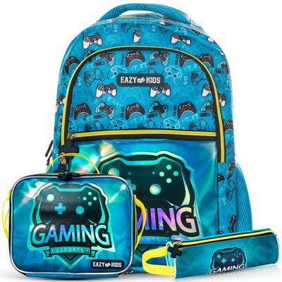 Eazy Kids 16" Set of 3 Backpack w/ Lunch Bag and Pencil Case - Gaming
