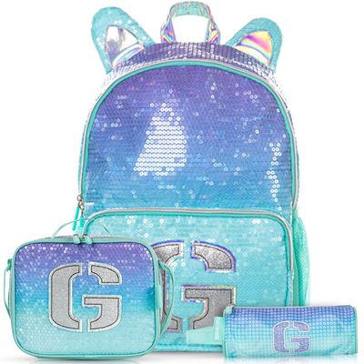Eazy Kids 17" Set of 3 Backpack w/ Lunch Bag and Pencil Case - Girl Glitter Green