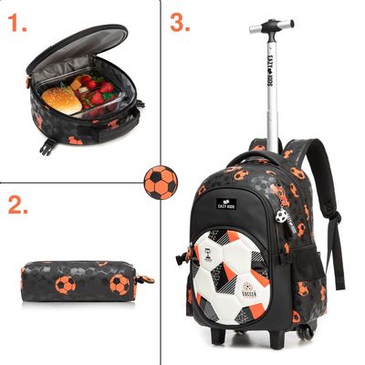 Eazy Kids Trolley 18" School Bag Set of 3 w/ Lunch Bag and Pencil Case - Football Black