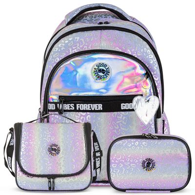 Eazy Kids 17" School Bag Set of 3 w/ Lunch Bag and Pencil Case - Good Vibes - Silver