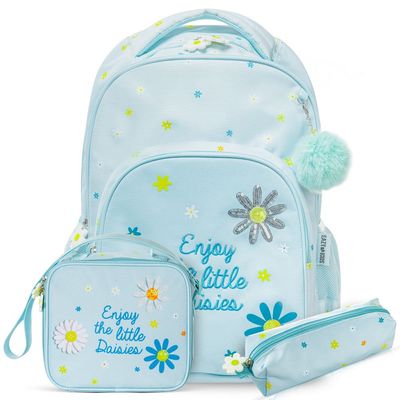 Eazy Kids 17" School Bag Set of 3 w/ Lunch Bag and Pencil Pouch - Little Daisy Green