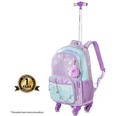 Eazy Kids 4-wheel Trolley 17" School Bag Set of 3 w/ Lunch Bag and Pencil Pouch - Love Purple