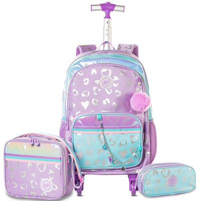 Eazy Kids 4-wheel Trolley 17" School Bag Set of 3 w/ Lunch Bag and Pencil Pouch - Love Purple