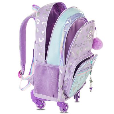 Eazy Kids 4-wheel Trolley 17" School Bag Set of 3 w/ Lunch Bag and Pencil Pouch - Love Purple