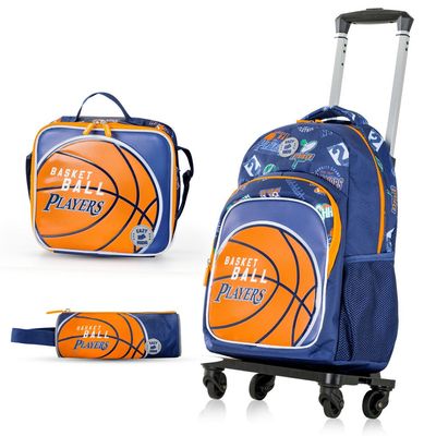 Eazy Kids 18" Set of 4 Backpack w/ 4 Wheel Trolley, Lunch Bag and Pencil Case - Basket Ball