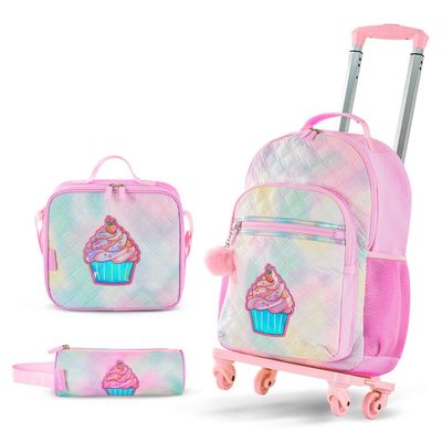 Eazy Kids 17" Set of 4 Backpack w/ 4 Wheel Trolley, Lunch Bag and Pencil Case - Sugar Pop Pink