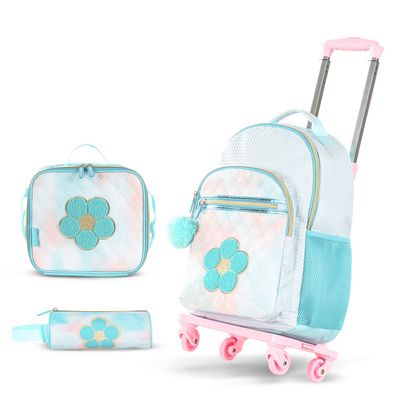 Eazy Kids 18" Set of 4 Backpack w/ 4 Wheel Trolley, Lunch Bag and Pencil Case - Flora Green