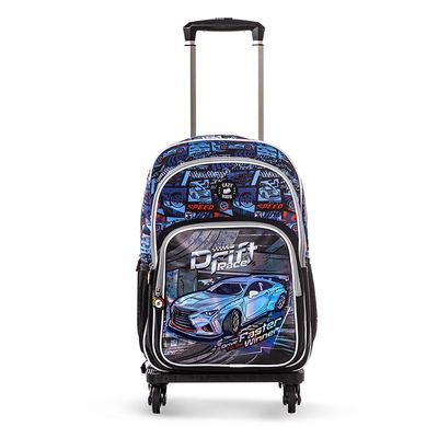 Eazy Kids 18" Set of 4 Backpack w/ 4 Wheel Trolley, Lunch Bag and Pencil Case - Car Racing