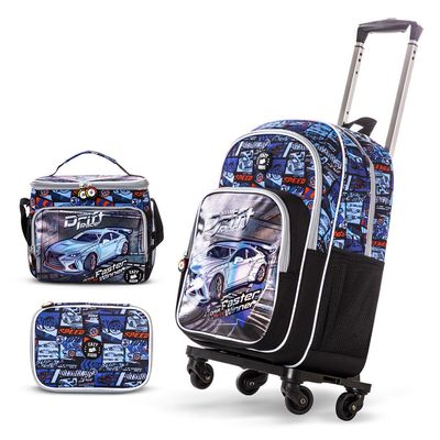 Eazy Kids 18" Set of 4 Backpack w/ 4 Wheel Trolley, Lunch Bag and Pencil Case - Car Racing