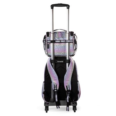 Eazy Kids 17" School Bag Set of 4 w/ 4 Wheel Trolley, Lunch Bag and Pencil Case - Good Vibes - Silver